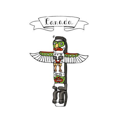 Elle çizilmiş doodle Kanada Kültür yerli halkın Simgesel Yapı - totem direği simge vektör illüstrasyon Kanada izole sembolü beyaz arka plan çizgi film öğe ahşap relegion işareti Aboroginal öğe