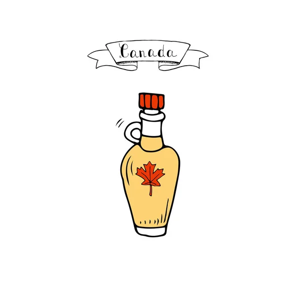 手绘涂鸦加拿大枫糖浆图标在白色背景卡通元素上 用叶子矢量插图隔离符号玻璃瓶中的甜食物 — 图库矢量图片