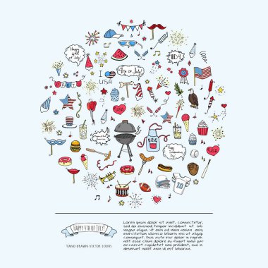 Elle çizilmiş doodle mutlu Icons set vektör çizim ABD Bağımsızlık günü semboller koleksiyonu karikatür kroki kutlama öğeleri Temmuz 4: Barbekü, yiyecek, içecek, parti, roket, havai fişek, Amerikan bayrağı