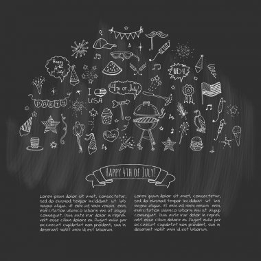 Elle çizilmiş doodle mutlu Icons set vektör çizim ABD Bağımsızlık günü semboller koleksiyonu karikatür kroki kutlama öğeleri Temmuz 4: Barbekü, yiyecek, içecek, parti, roket, havai fişek, Amerikan bayrağı