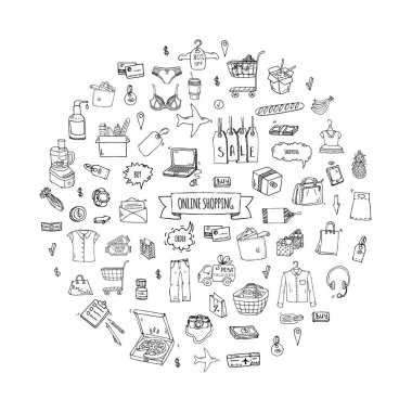Elle çizilmiş doodle simgeler alışveriş Online dizi. Vektör çizim ayarlayın. Satın alma sembolleri karikatür. Yarım yamalak öğeleri koleksiyonu: dizüstü bilgisayar, satış, gıda, bakkal, giyim, sepeti, cüzdan, kredi kartı, etiket, çanta