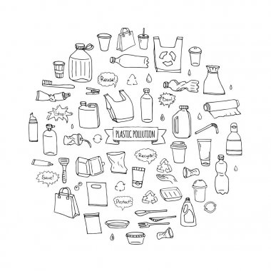 Elle çizilmiş doodle dur plastik kirliliği simgeler vektör çizim yarım yamalak semboller koleksiyonu karikatür kavramı öğeleri paketi bertaraf atık kirlenme tek kullanımlık yemek çanta şişe geri dönüşüm işareti ayarla.