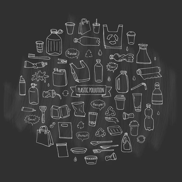 Doodle Dibujado Mano Detener Contaminación Plástica Iconos Conjunto Vector Ilustración — Vector de stock