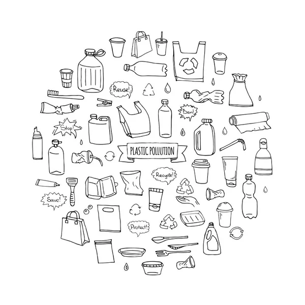 Hand drawn doodle Stop plastic pollution icons set Vector illustration sketchy symbols collection Cartoon concept elements Bag Bottle Recycle sign Package Disposal waste Contamination disposable dish