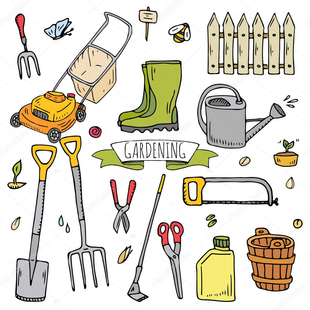 Hand Doodle Set Von Gartenarbeit Icons Vektor