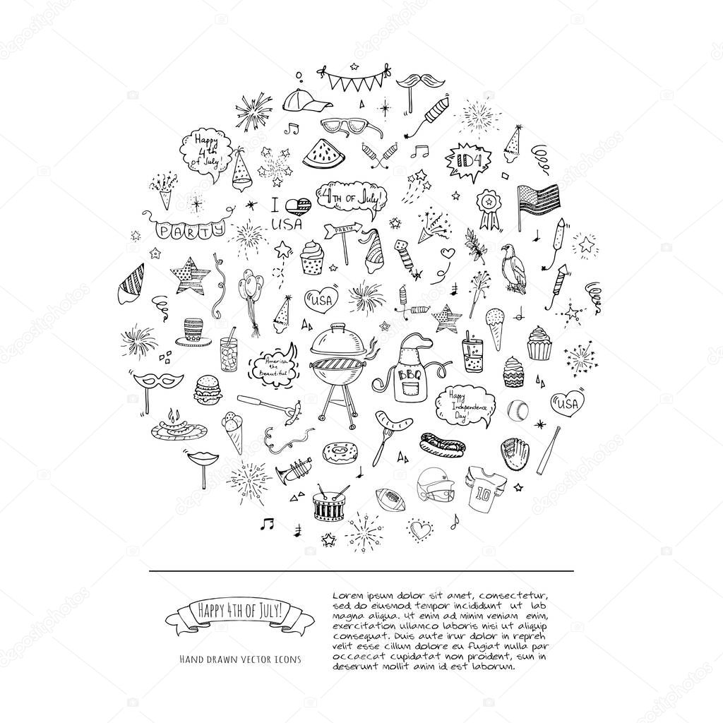 Hand drawn doodle Happy 4th of July icons set Vector illustration USA independence day symbols collection Cartoon sketch celebration elements: BBQ, food, drink, party, rocket, fireworks, American flag