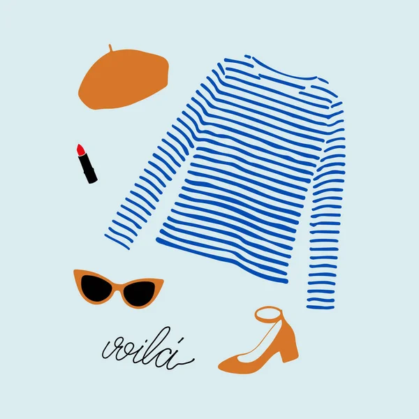 Stilvolles Pariser Outfit mit blau gestreiftem T-Shirt, Schuhen, Sonnenbrille, orangefarbener Baskenmütze und Lippenstift. — Stockfoto