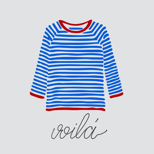 Camiseta de manga larga a rayas azules y rojas y palabra con letras voila, francés por aquí es . — Foto de Stock