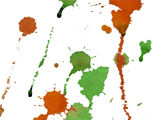 Luminosi spruzzi di acquerello verde e rosso arancio e macchie su sfondo bianco. Pittura ad inchiostro. Illustrazione disegnata a mano. Arte astratta acquerello . — Vettoriale Stock