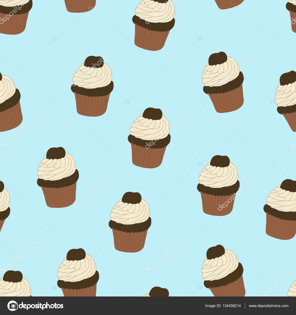 Patrón sin costuras con cupcakes dibujados a mano y pintados. Gráfico  vectorial. Hermosos dulces deliciosos para las niñas. Ilustración de  pasteles cremosos. Fondo azul . Vector de stock #134458214 de ©sshisshka, image size:1600x1700