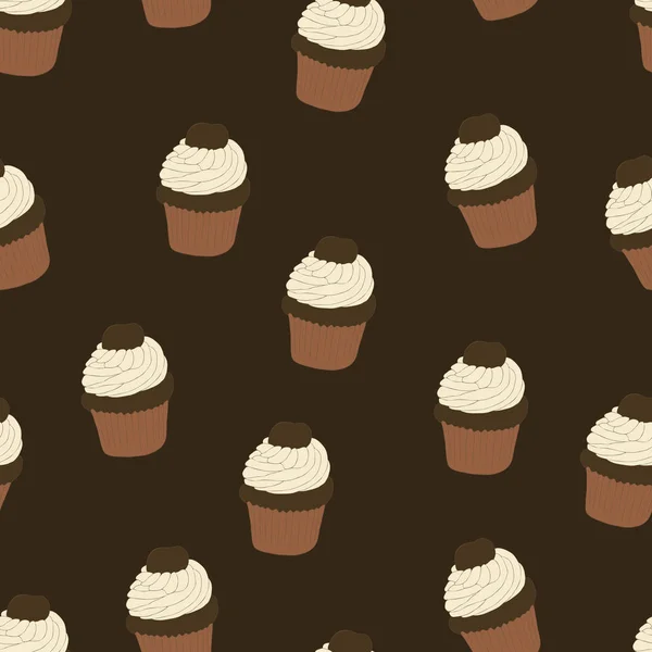 Naadloze patroon met de hand getekende en geschilderde cupcakes. Vectorafbeelding. Prachtige heerlijke snoepjes voor meisjes. Romige gebak illustratie. Donkere bruine achtergrond. — Stockvector