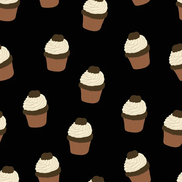 Naadloze patroon met de hand getekende en geschilderde cupcakes. Vectorafbeelding. Prachtige heerlijke snoepjes voor meisjes. Romige gebak illustratie. Zwarte achtergrond. — Stockvector