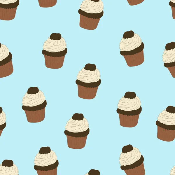 Seamless pattern with hand drawn and painted cupcakes. Vector graphic. Beautiful delicious sweets for girls. Creamy cakes illustration. Blue background. — Stock Vector