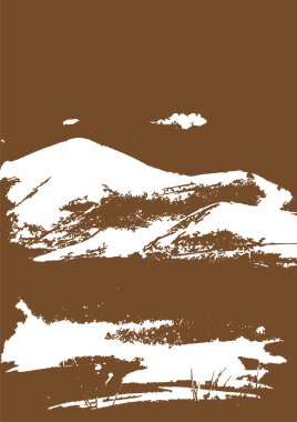 Kahverengi doku ile beyaz dağ silsilesi. Manzara kroki. Yürüyüş, seyahat ve kamp kavramı. Turizm örgütleri, açık hava etkinlikleri ve dağlar eğlence için. Gravür tarzı. Vektör çizim