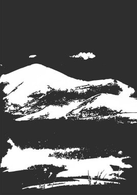 Doku siyah ile beyaz dağ silsilesi. Manzara kroki. Yürüyüş, seyahat ve kamp kavramı. Turizm örgütleri, açık hava etkinlikleri ve dağlar eğlence için. Gravür tarzı. Vektör çizim