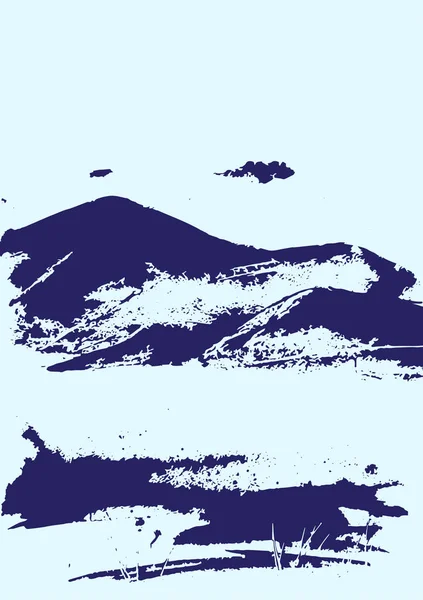 Doku ile dağ. Mavi arka plan. Manzara kroki. Yürüyüş, seyahat ve kamp kavramı. Turizm örgütleri, açık hava etkinlikleri ve dağlar eğlence için. Gravür tarzı. Vektör çizim