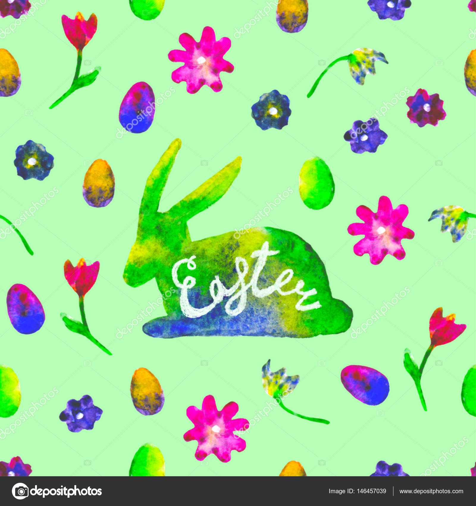 カラフルな卵と緑の背景の上に花の水彩画うさぎシルエット 明るい手描きイラスト 装飾的なハッピー イースター テンプレート 壁紙 グリーティング カード Web 印刷 ポスターのデザインします ストック写真 C Sshisshka
