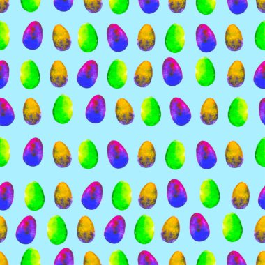 Sulu Boya Dikişsiz desen. Mavi arka plan üzerinde renkli yumurta. Parlak elle çizilmiş şekil. Dekoratif mutlu Paskalya şablonu. Duvar kağıdı, tebrik kartı, sarma, web, poster, tekstil tasarım.