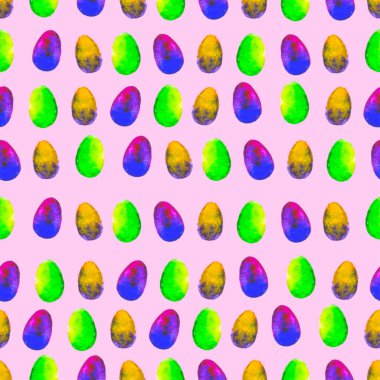 Sulu Boya Dikişsiz desen. Pembe bir arka plan üzerinde renkli yumurta. Parlak elle çizilmiş şekil. Dekoratif mutlu Paskalya şablonu. Duvar kağıdı, tebrik kartı, sarma, web, poster, tekstil tasarım.