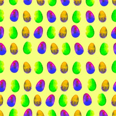 Sulu Boya Dikişsiz desen. Sarı arka plan üzerinde renkli yumurta. Parlak elle çizilmiş şekil. Dekoratif mutlu Paskalya şablonu. Duvar kağıdı, tebrik kartı, sarma, web, poster, tekstil tasarım.