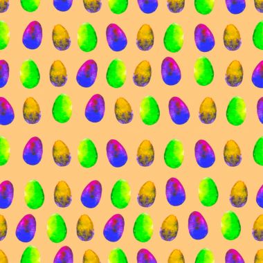 Sulu Boya Dikişsiz desen. Turuncu arka plan üzerinde renkli yumurta. Parlak elle çizilmiş şekil. Dekoratif mutlu Paskalya şablonu. Duvar kağıdı, tebrik kartı, sarma, web, poster, tekstil tasarım.