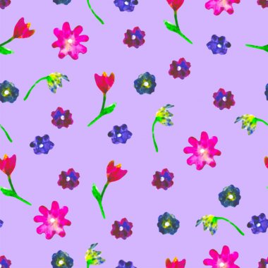 Sulu Boya Dikişsiz desen. Renkli yumurta ve çiçekler mor zemin üzerine. Parlak elle çizilmiş şekil. Dekoratif mutlu Paskalya şablonu. Tasarım duvar kağıdı, tebrik kartı, sarma, baskı için.