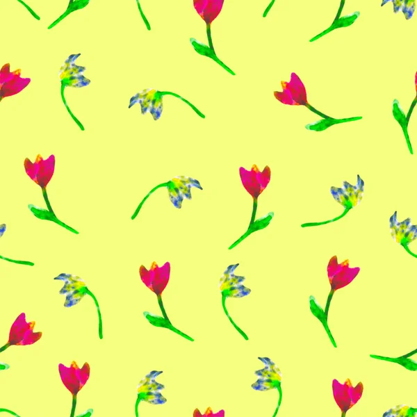 Florales nahtloses Muster. Handbemalte Tulpen Pflaume. helle Aquarell-Illustration.bunte Blumen auf gelbem Hintergrund. Frühling oder Sommer Tapete. für Druck, Stoff, Textil, Papier, Hintergrund. — Stockfoto