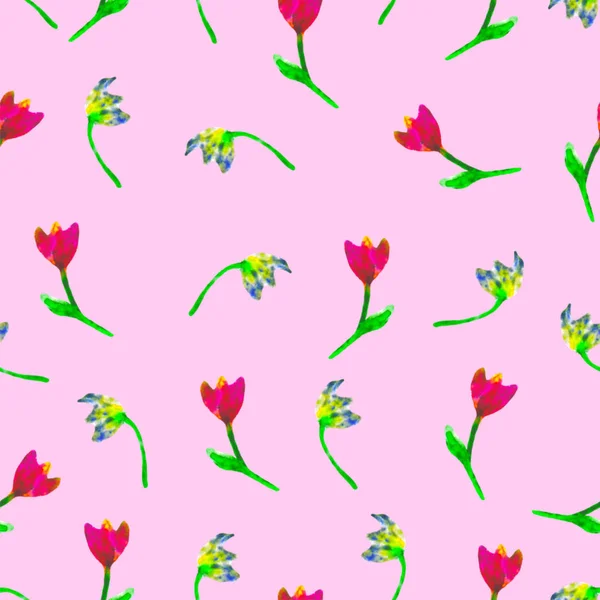 花のシームレスなパターン。手描きのチューリップ梅。明るい水彩イラスト。ピンクの背景に黄色と赤の花。春や夏壁紙。印刷、布、繊維、紙、背景の. — ストック写真