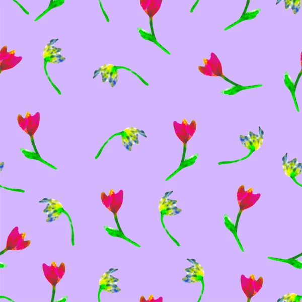 Padrão sem costura floral. Tulipas pintadas à mão ameixa. Ilustração aquarela brilhante.Flores amarelas e vermelhas em fundo roxo. Para impressão, tecido, têxtil, papel, pano de fundo . — Fotografia de Stock