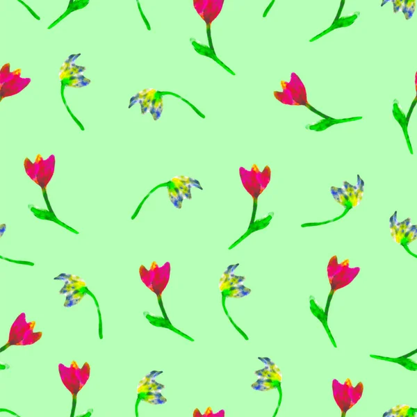 Kwiatowy wzór. Ręcznie malowane tulipany śliwki. Jasne ilustracja akwarela. Żółte i czerwone kwiaty na zielonym tle. Tapeta wiosna lub lato. Dla drukowania, tkaniny, tekstyliów, papieru, tło. — Zdjęcie stockowe