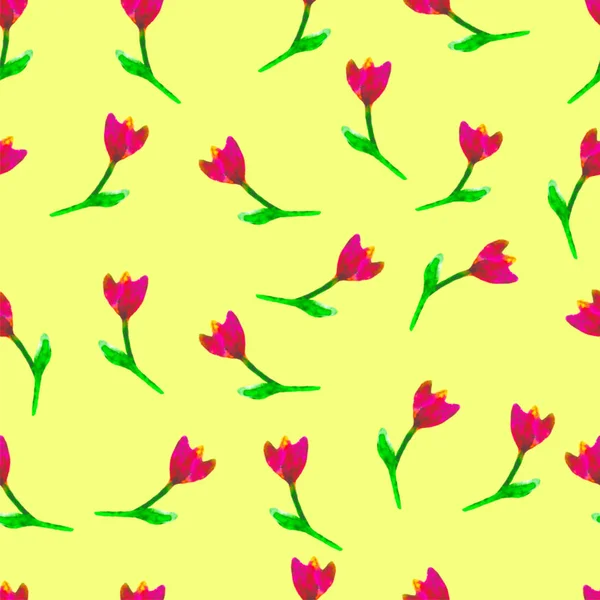 无缝花纹。手绘郁金香梅花。明亮的水彩插图。在黄色背景上的红色花。春天或夏天墙纸。为打印、 织物、 纺织、 纸。美丽背景. — 图库照片