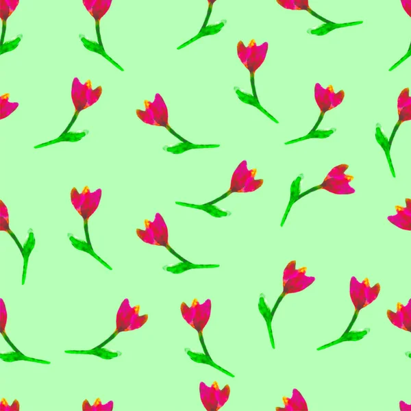 花のシームレスなパターン。手描きのチューリップ梅。明るい水彩イラスト。緑の背景の赤い花。ばねまたは夏の壁紙。印刷、布、繊維、紙。美しい背景. — ストック写真