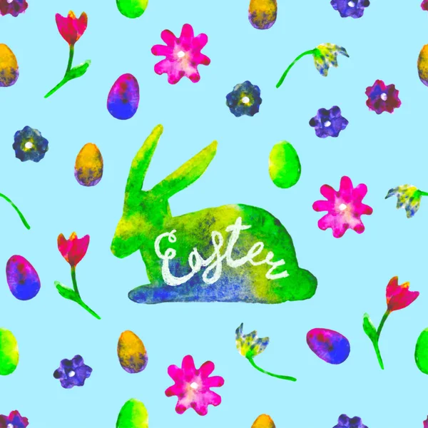 Watercolor hare silhouette with colourful eggs and flowers on blue background. Bright hand drawn illustration. Decorative Happy Easter template. Design for wallpaper, greeting card, web, print,poster — Stock Photo, Image