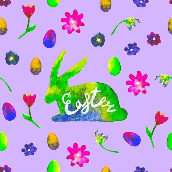 Watercolor hare silhouette with colourful eggs and flowers on purple background. Bright hand drawn illustration. Decorative Happy Easter template. Design for wallpaper, greeting card, web, print,poster — Stock Photo, Image