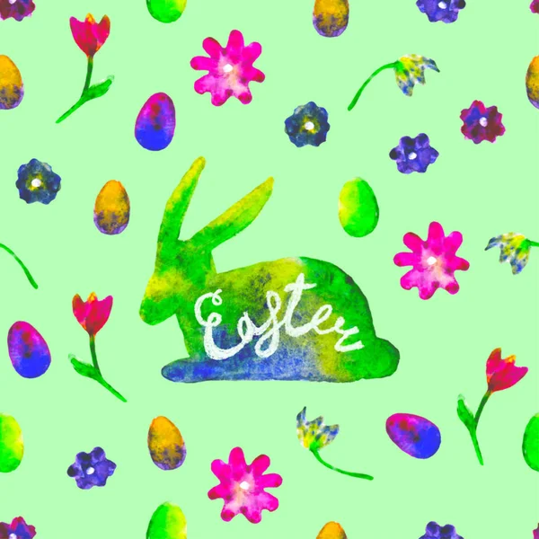 Watercolor hare silhouette with colourful eggs and flowers on green background. Bright hand drawn illustration. Decorative Happy Easter template. Design for wallpaper, greeting card, web, print,poster — Stock Photo, Image