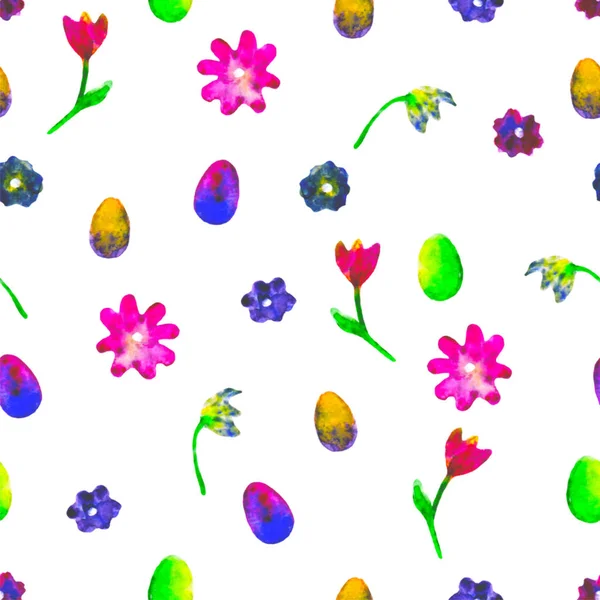 花のシームレスなパターン。手描きのヒナギクとチューリップの梅。明るい水彩イラスト。色とりどりの花や白い背景の上の卵。春の壁紙。印刷、布、繊維、紙. — ストック写真