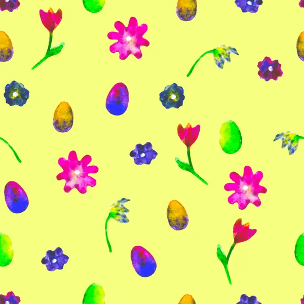 Motivo floreale senza cuciture. Margherite dipinte a mano e tulipani prugna. Illustrazione ad acquerello luminoso. fiori colorati fine uova su sfondo giallo. carta da parati primavera. Per stampa, tessuto, tessile, carta . — Foto Stock