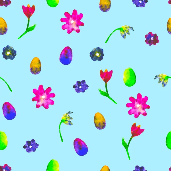 花のシームレスなパターン。手描きのヒナギクとチューリップの梅。明るい水彩イラスト。色とりどりの花は、青の背景に卵を終了します。春の壁紙。印刷、布、繊維、紙. — ストック写真