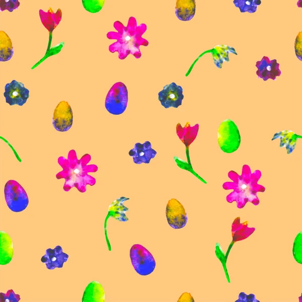 Patrón sin costura floral.Margaritas pintadas a mano y ciruelas tulipanes. Ilustración de acuarela brillante.Flores de colores terminan huevos sobre fondo anaranjado.Papel pintado pringado. Para imprimir, tela, textil, papel . — Foto de Stock