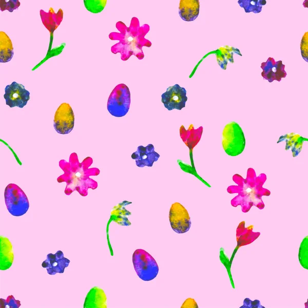 无缝花纹。手绘雏菊和郁金香梅花。明亮的水彩插图。七彩花朵结束在粉红色的背景上的鸡蛋。春天的壁纸。为打印、 织物、 纺织、 纸. — 图库照片