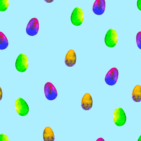 Warna air polos. Telur berwarna-warni pada background.Bright biru gambar tangan ilustrasi. Dekoratif Happy Easter template.Design untuk wallpaper, kartu ucapan, wrapping, poster, tekstil . — Stok Foto