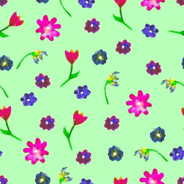 Seamless watercolor pattern. Colourful eggs and flowers on green background. Bright hand drawn illustration. Decorative Happy Easter template. Design for wallpaper, greeting card, wrapping, print. — Stock Photo, Image