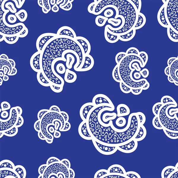 Seamless mönster. Vit doodle element på blå bakgrund. Prydnader för webben, inslagning print, tyg, kort, papper, textildesign. Vektorillustration. Ljusa konsistens. Abstrakt bakgrund. Aztec stil. — Stock vektor