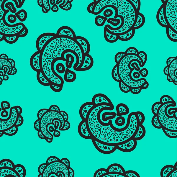 Seamless mönster. Svart doodle element på turkos bakgrund. Prydnader för webben, omslagspapper, skriva ut, tyg, textildesign. Vektorillustration. Ljusa konsistens. Abstrakt bakgrund. Aztec stil. — Stock vektor