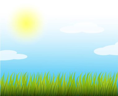 Summersunnyvector resimde. Mavi gökyüzü ve lightclouds. Doğal backgroundwith brightsun ve greengrass.