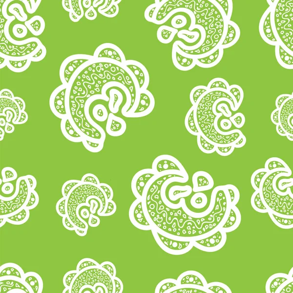 Seamless pattern. White doodle elements on green background. Орнаменты для паутины, оберточной бумаги, печати, открыток, текстиля. Векторная иллюстрация. Яркая текстура. Абстрактный фон. Ацтекский стиль — стоковый вектор