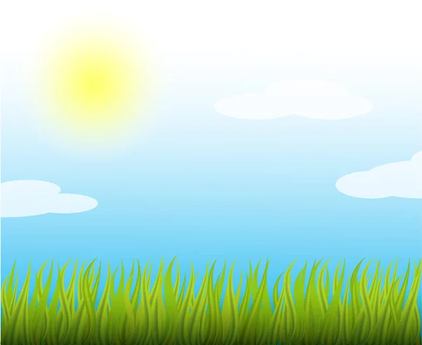 Summersunnyvektorillustration. blauer Himmel und Lichtwolken.natürlicher Hintergrund mit heller Sonne und Grüngras. — Stockvektor