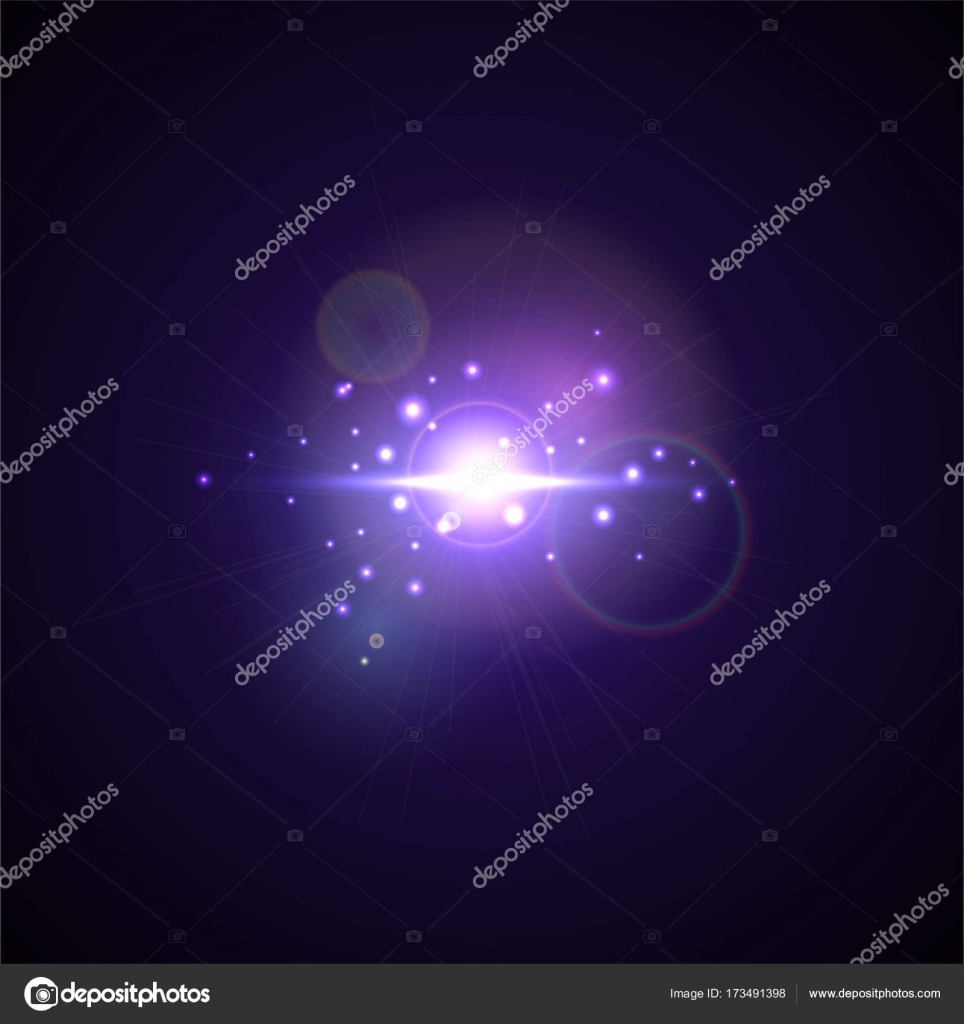紫色の光がフラッシュとスポット ライトします 現実的な光のまぶしさ 高い避けて 星の輝き 黒い背景にレンズフレア効果 明るいフレア爆発 輝くベクトル イラスト美しいテンプレート ストックベクター C Sshisshka