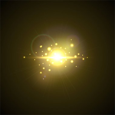 Sarı ışık ışınları ve spot ile. Gerçekçi ışık parlama, yüksek dinginliği, star kızdırma. Lens flare siyah arka plan üzerine etkisi. Parlak Sunflare patlama. Vektör çizim güzel şablon parlayan.