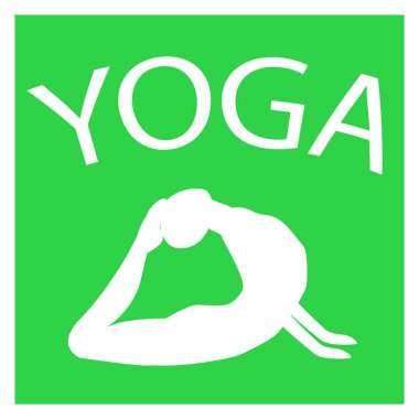 Kız yoga konumda. Yeşil zemin üzerine beyaz kadın silueti. Vektör kadın şekil kutsal kişilerin resmi. Yoga poz Illustration. Logo tasarımı. Asana, Yogi. Tasarım öğesi için poster, stüdyo, fitness center.